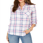 Style & Co Women's Cotton Tab Sleeve Plaid Shirt Brown Size Petite