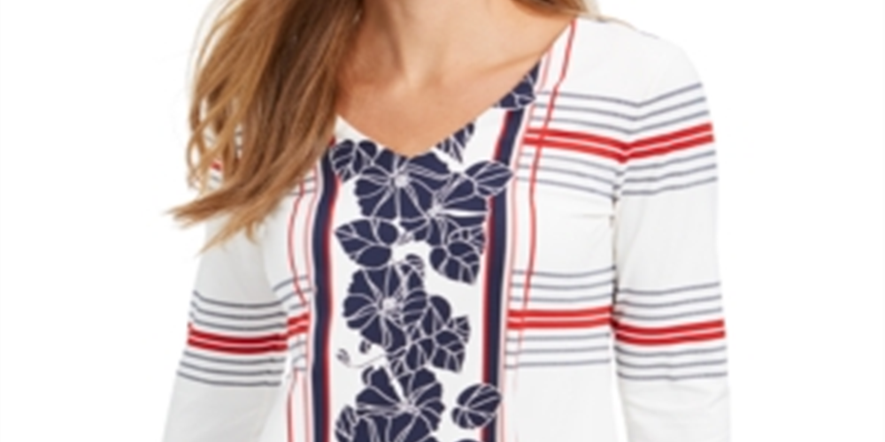 Charter Club Women's Mixed Print Top White Size Petite