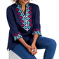 Charter Club Women's Cotton Embroidered 3/4 Sleeve Top Blue Size Small