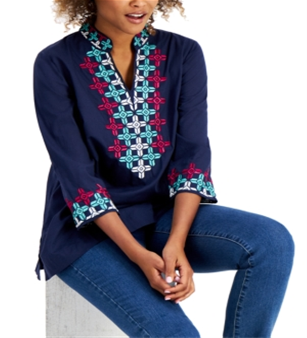 Charter Club Women's Cotton Embroidered 3/4 Sleeve Top Blue Size Small