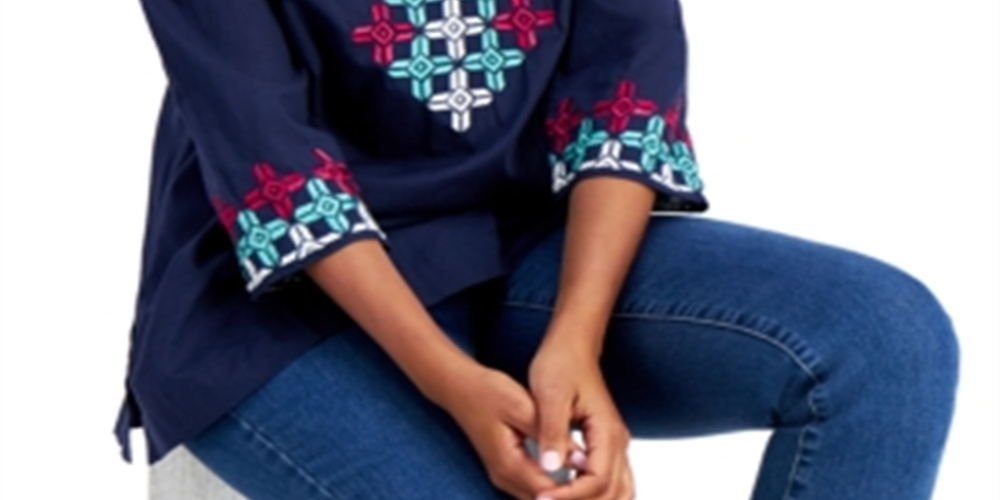 Charter Club Women's Cotton Embroidered 3/4 Sleeve Top Blue Size Small