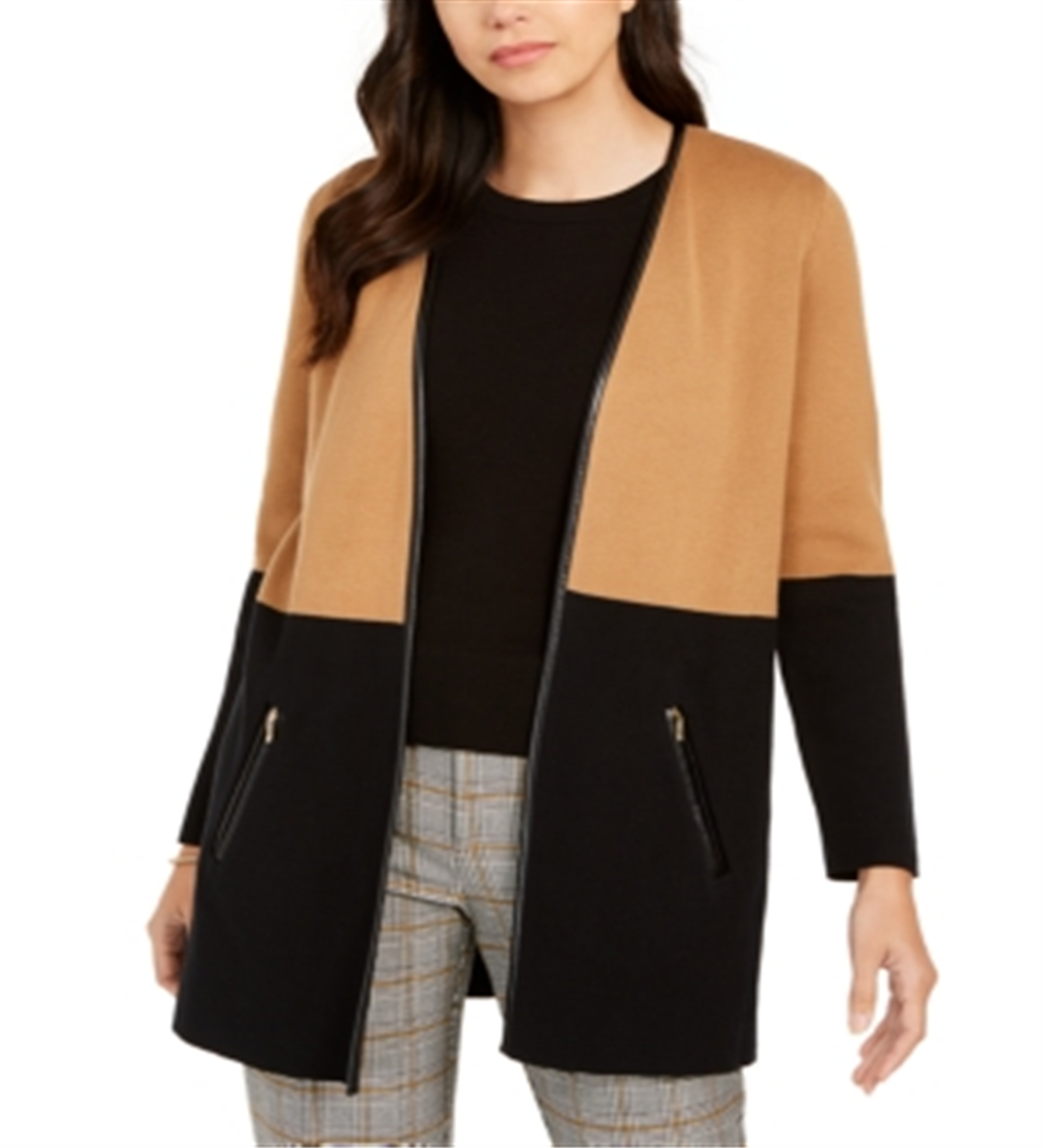 Charter Club Women's Faux Leather Trim Colorblock Cardigan Brown Size Petite Small