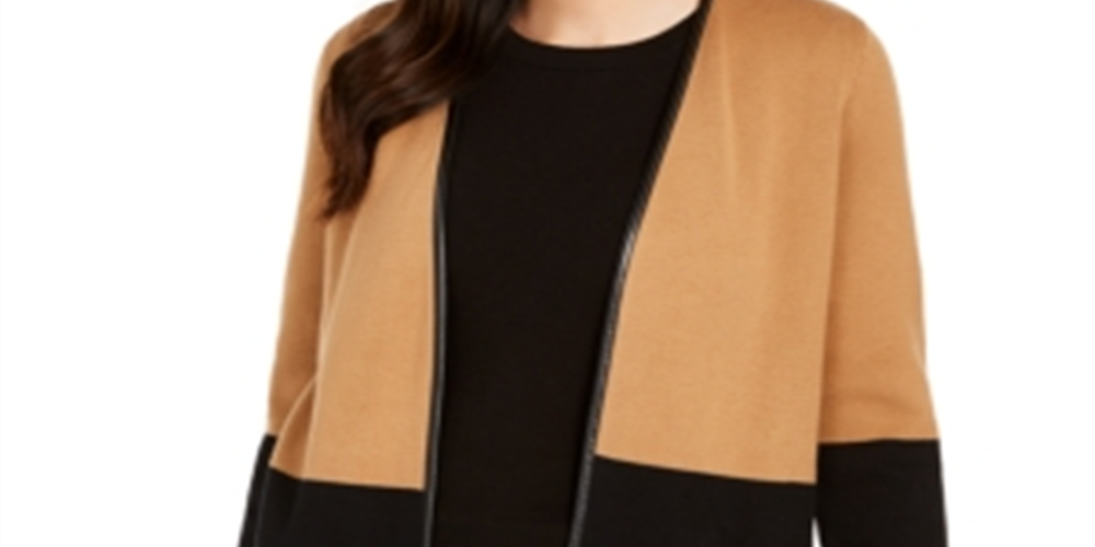 Charter Club Women's Faux Leather Trim Colorblock Cardigan Brown Size Petite Small