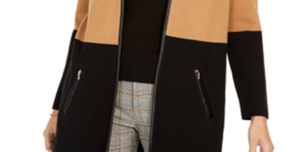 Charter Club Women's Faux Leather Trim Colorblock Cardigan Brown Size Petite Small