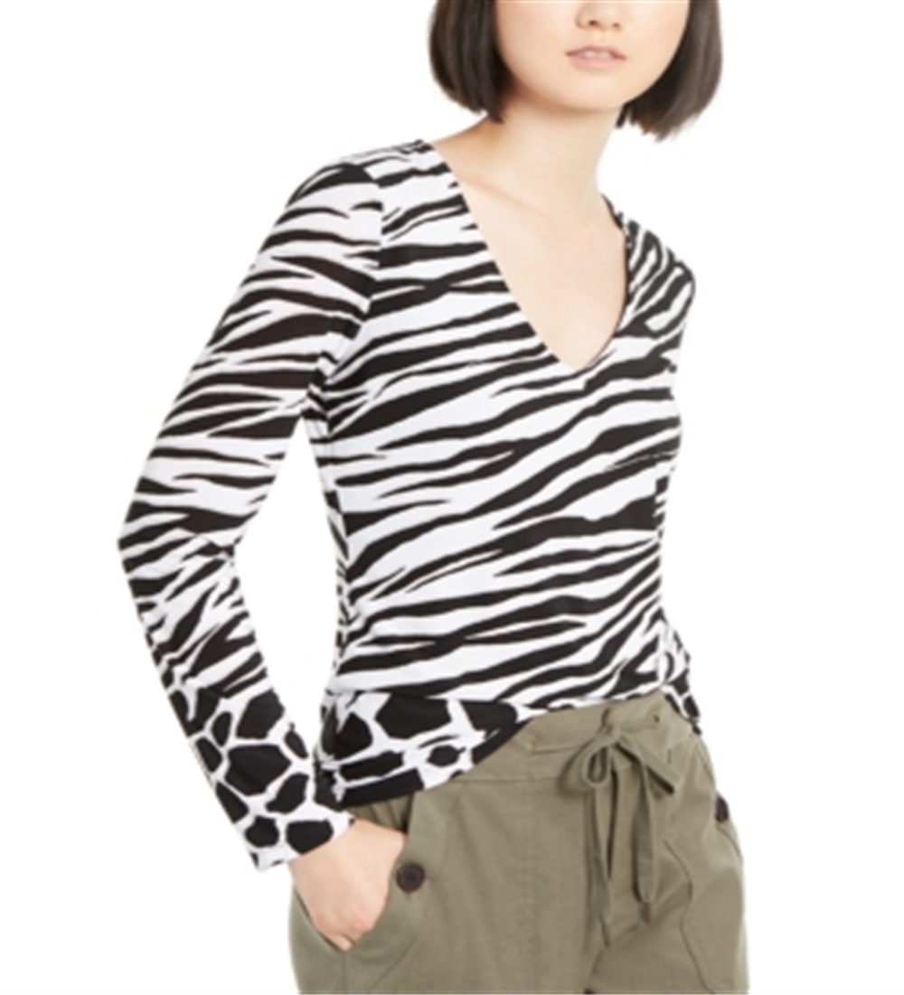 INC International Concepts Women's Zebra Print Top White-Black  Size Petite L
