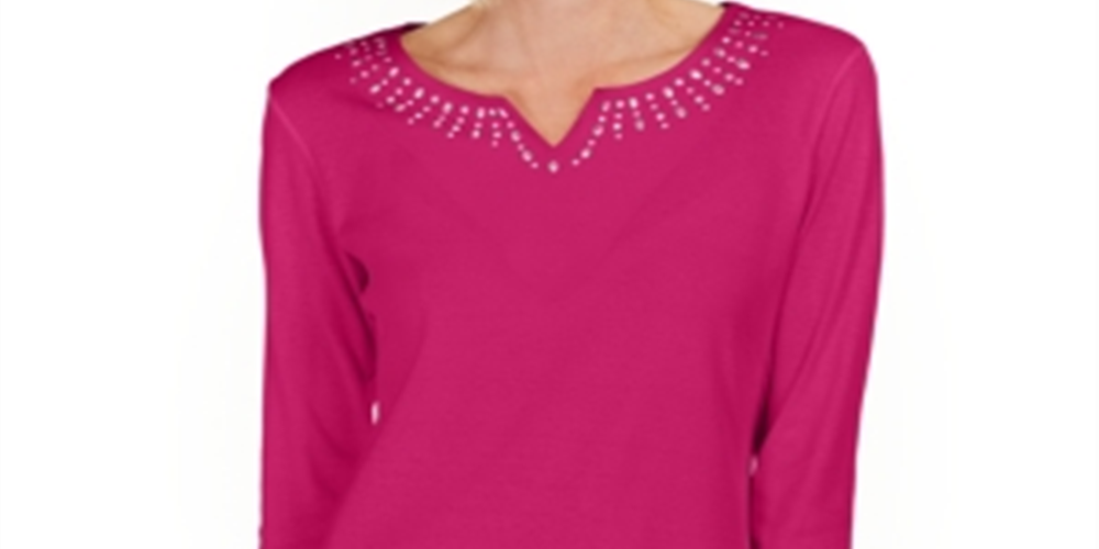 Karen Scott Women's Cotton Studded Split Neck Top Pink Size X-Small