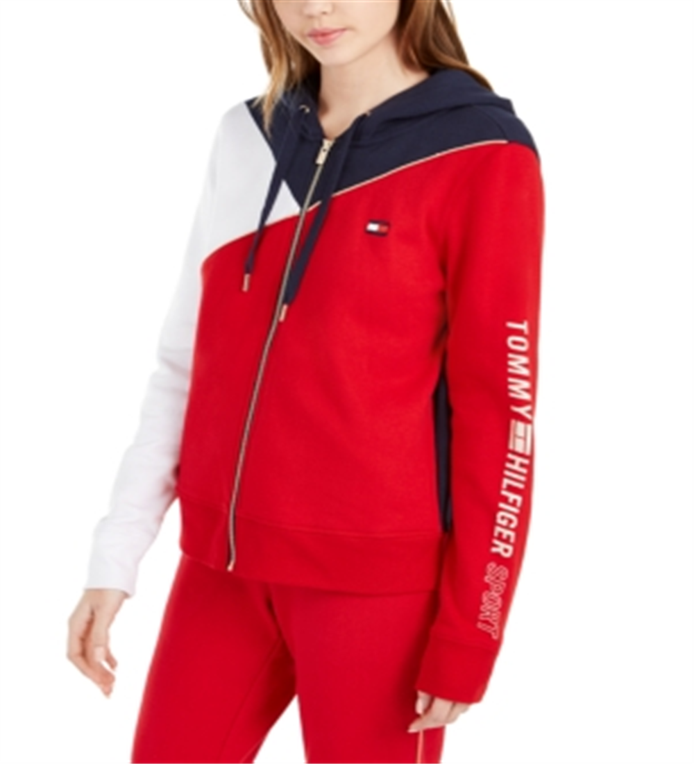 Tommy Hilfiger Women's Sport Colorblocked Zip up Hooded Sweatshirt Red Size Medium