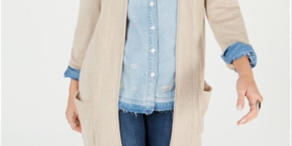 Style & Co Women's Waffle Thermal Long Cardigan Brown Size Petite