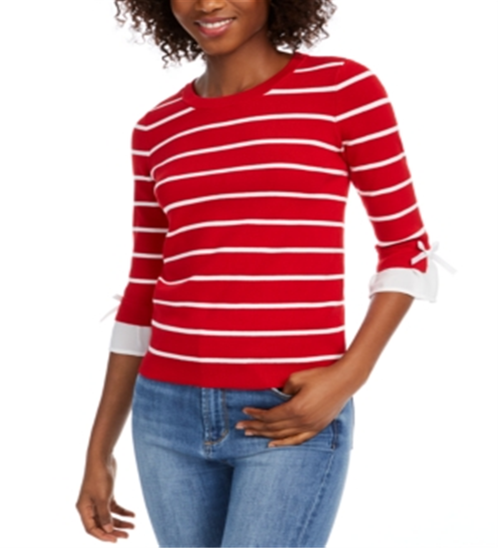 Maison Jules Women's Striped Bow Trim Sweater Red Size XXS
