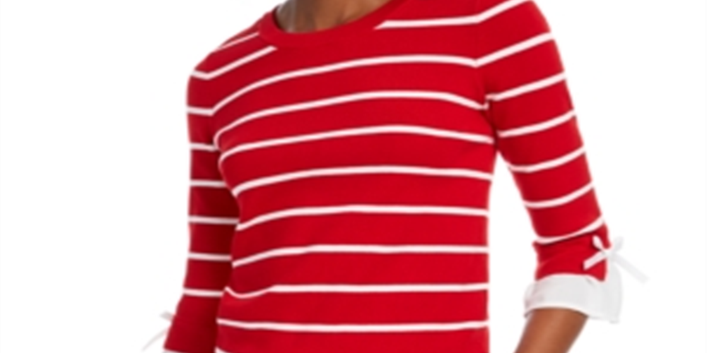 Maison Jules Women's Striped Bow Trim Sweater Red Size XXS