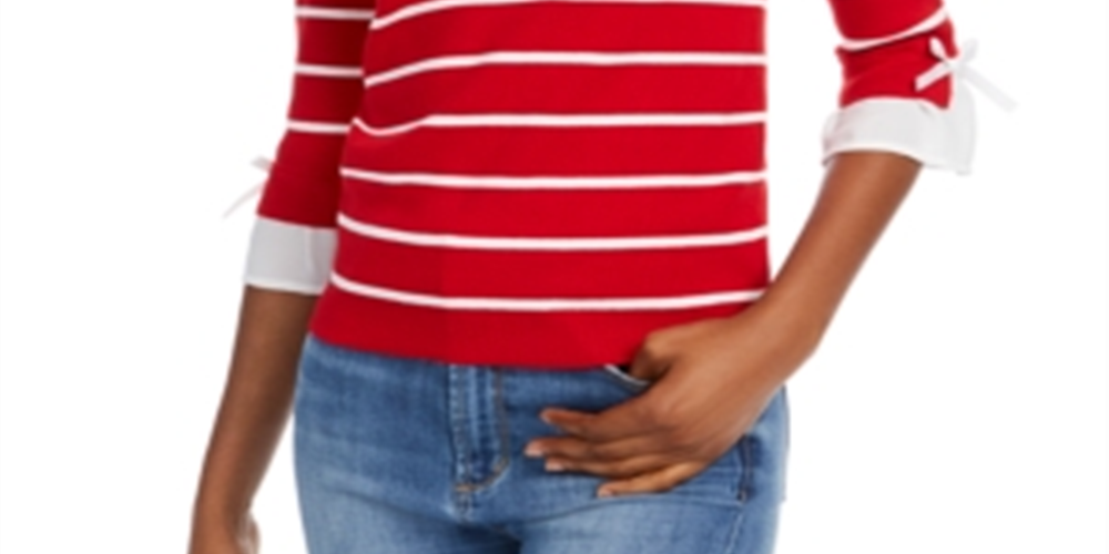Maison Jules Women's Striped Bow Trim Sweater Red Size XXS