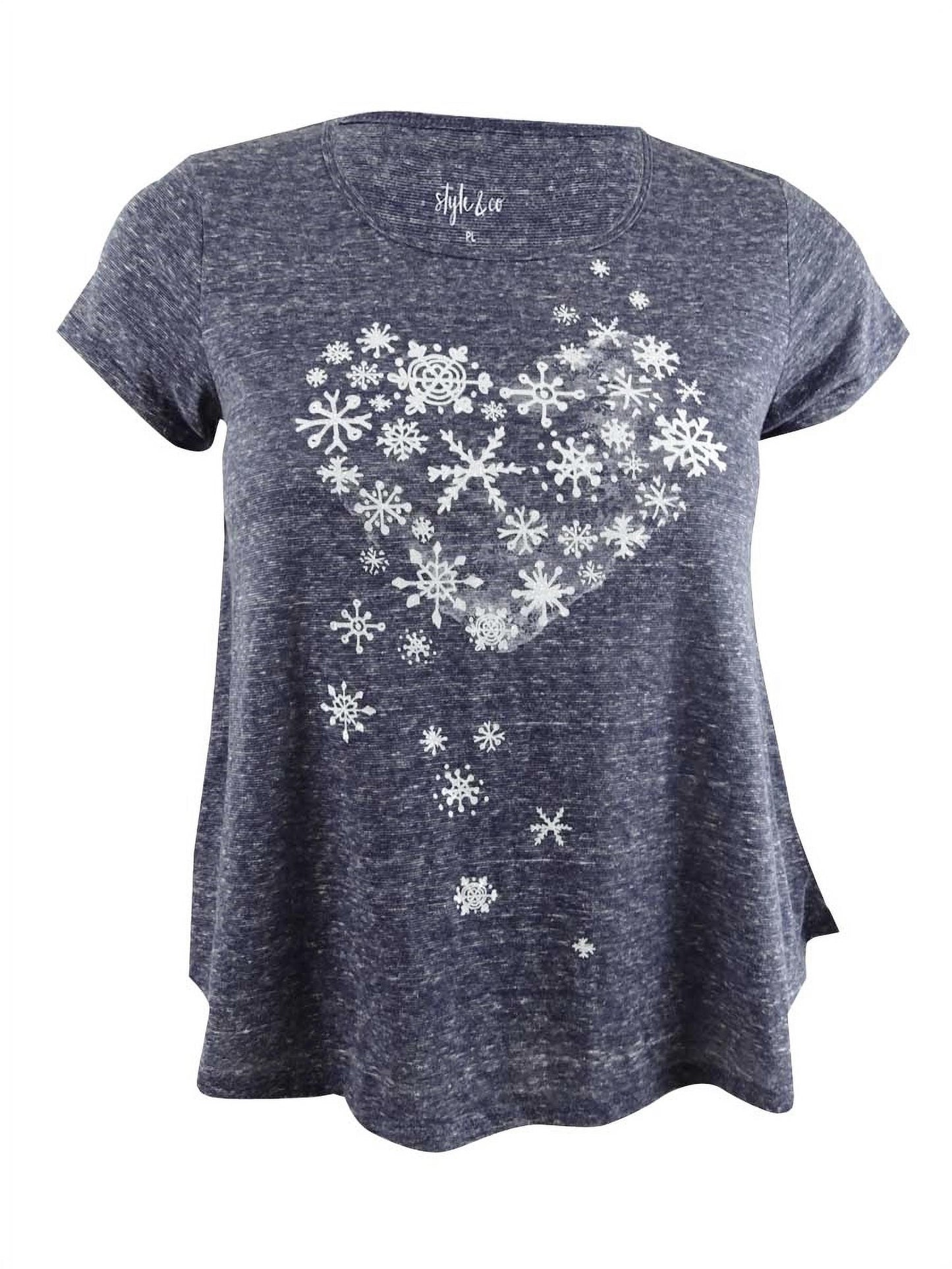 Style & Co Women's Snowflake Heart Graphic T-Shirt Gray Size Petite Large
