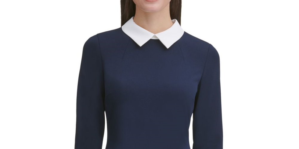 Tommy Hilfiger Women's Long Sleeve Peter Pan Collar Above the Knee Sheath Wear to Work Dress Blue Size 8