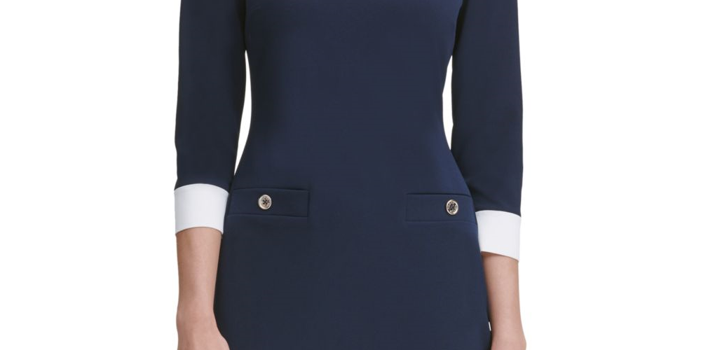 Tommy Hilfiger Women's Long Sleeve Peter Pan Collar Above the Knee Sheath Wear to Work Dress Blue Size 8