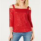 INC International Concepts Women's Sequin Cold Shoulder Top Red Size Petite X-Large