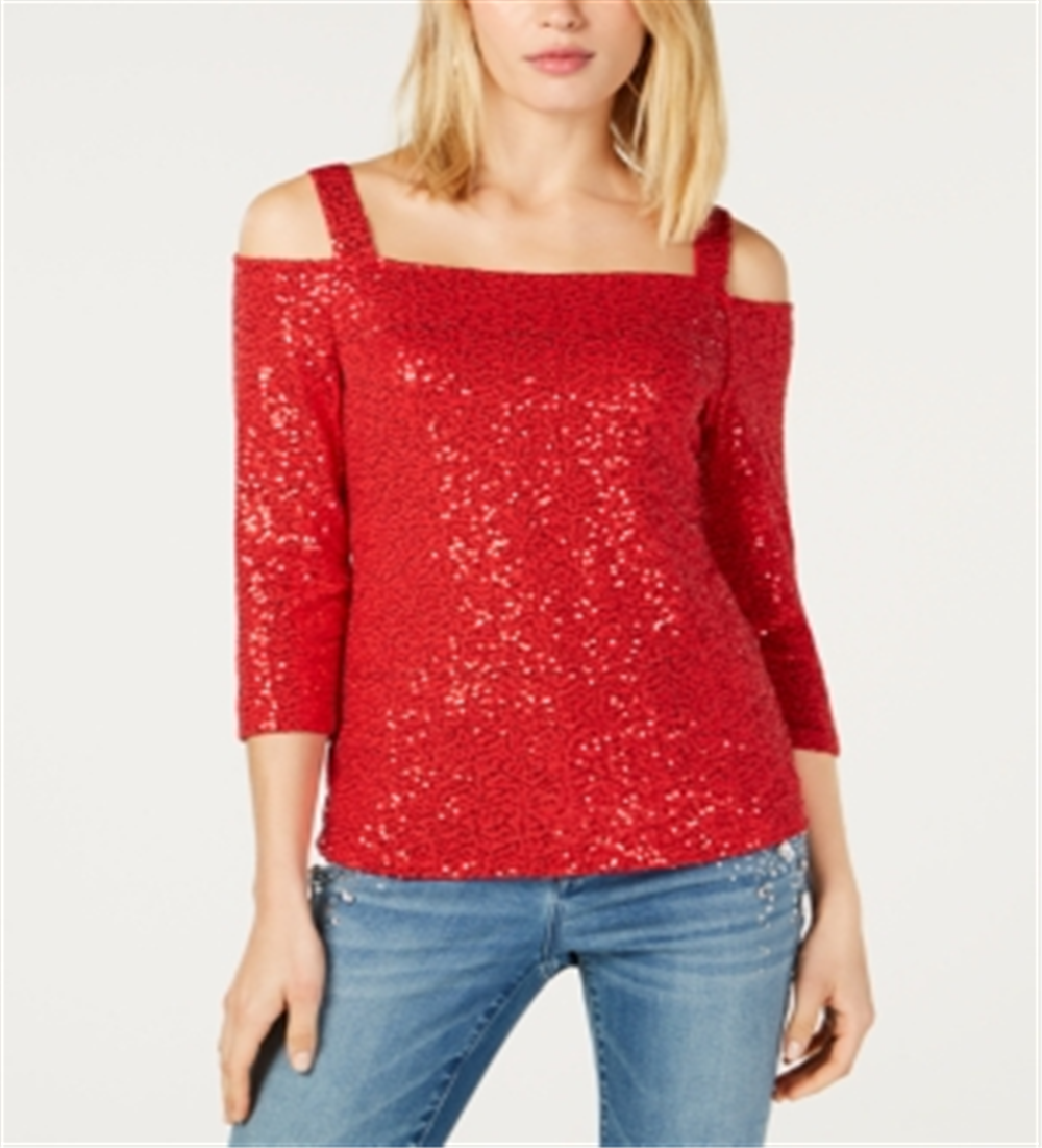 INC International Concepts Women's Sequin Cold Shoulder Top Red Size Petite X-Large