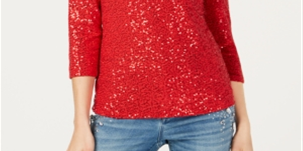 INC International Concepts Women's Sequin Cold Shoulder Top Red Size Petite X-Large