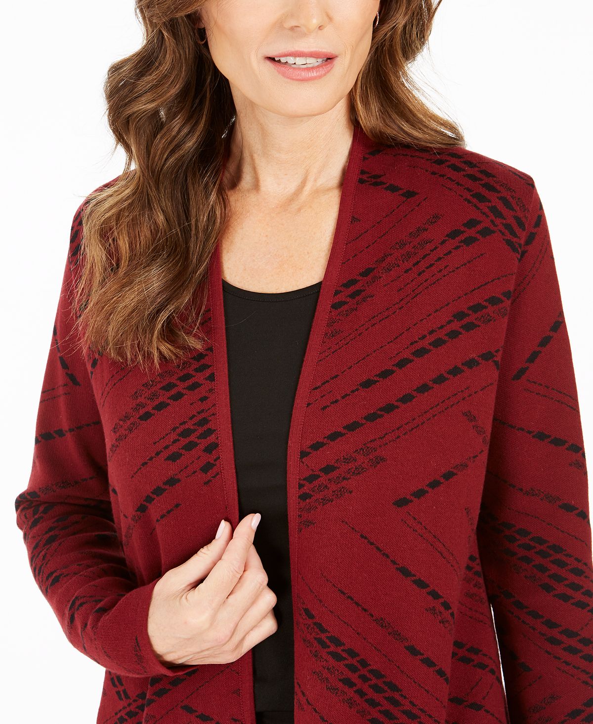 JM Collection Women's Jacquard Diagonal Print Cardigan Red Size XX-Large