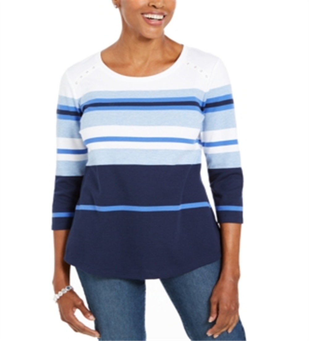 Karen Scott Women's Embellished Striped Top White Size -Petite S