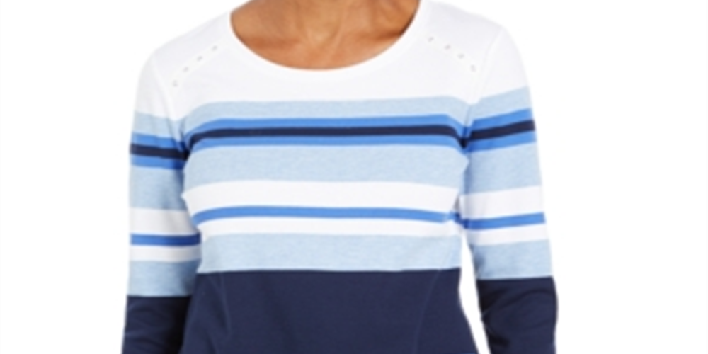 Karen Scott Women's Embellished Striped Top White Size -Petite S