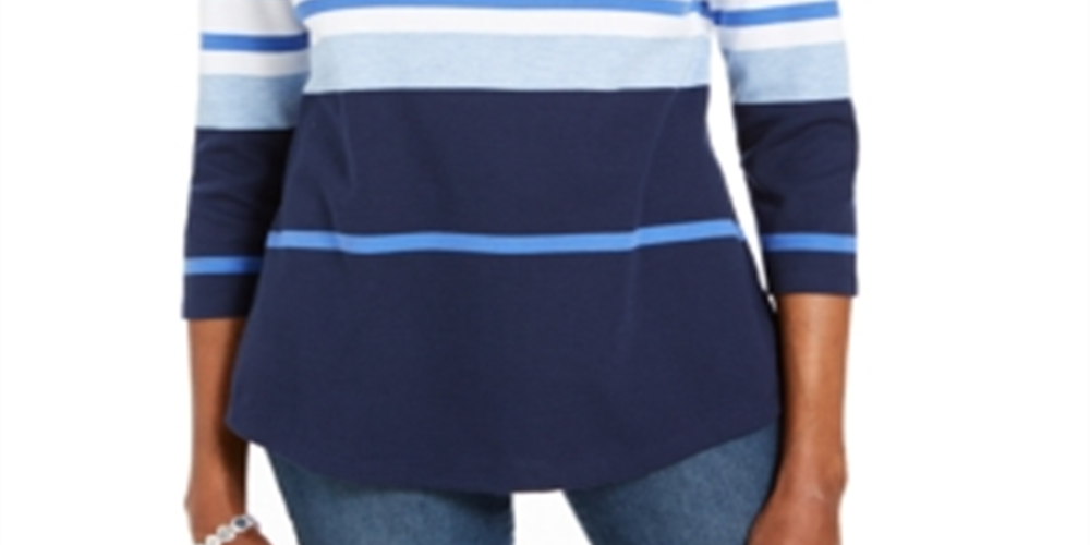 Karen Scott Women's Embellished Striped Top White Size -Petite S