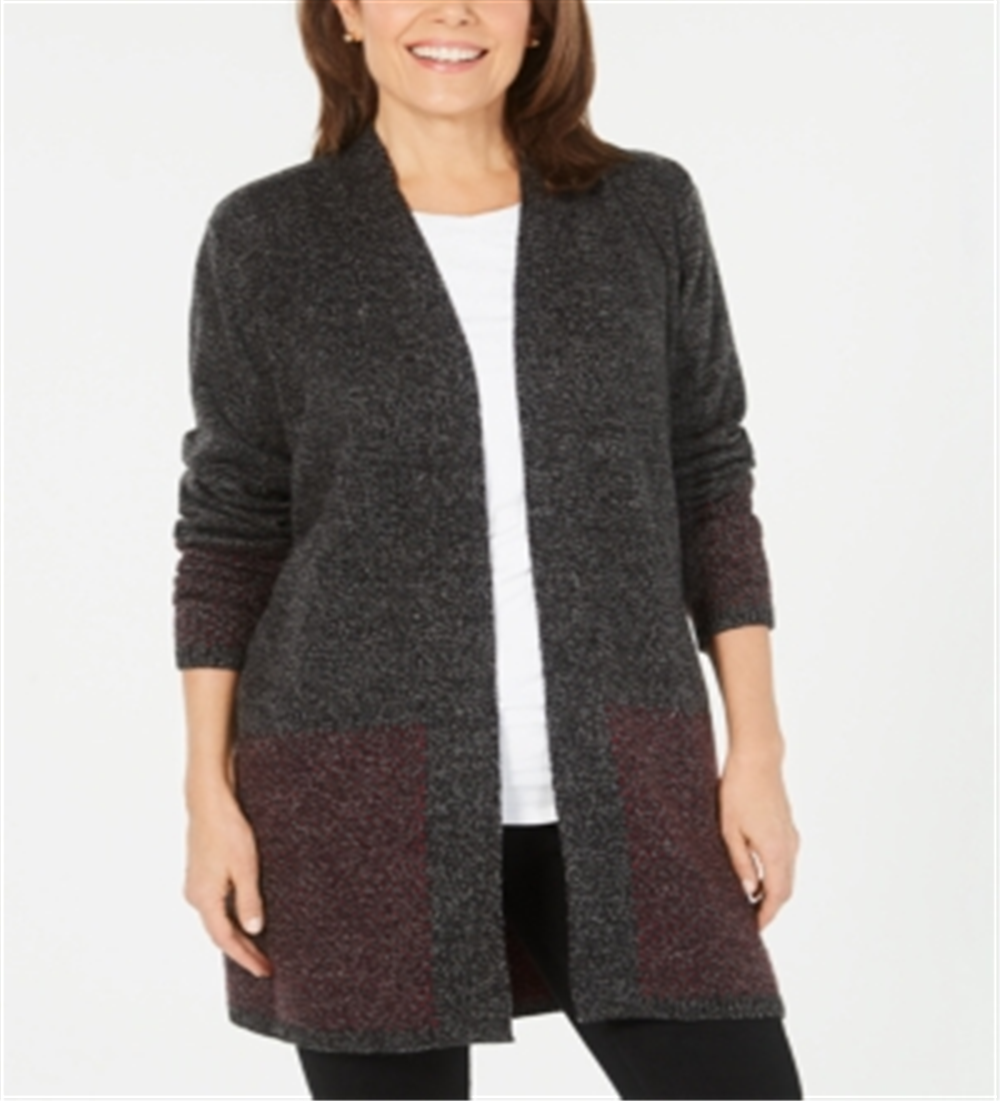 Karen Scott Women's Open Front Contrast Trim Cardigan Merlot Size X-Small