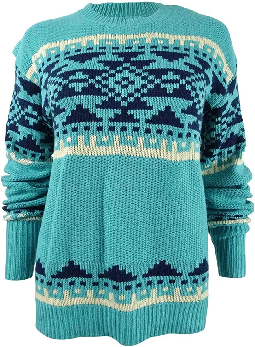 Weatherproof Vintage Women's Blanket Fair Isle Ribbed Trim Pullover Sweater Blue Size Small