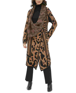 Calvin Klein Women's Wing Collared Animal Print Long Sleeve Open Cardigan Sweater Brown Size X-Small
