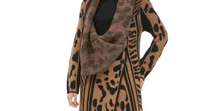 Calvin Klein Women's Wing Collared Animal Print Long Sleeve Open Cardigan Sweater Brown Size X-Small