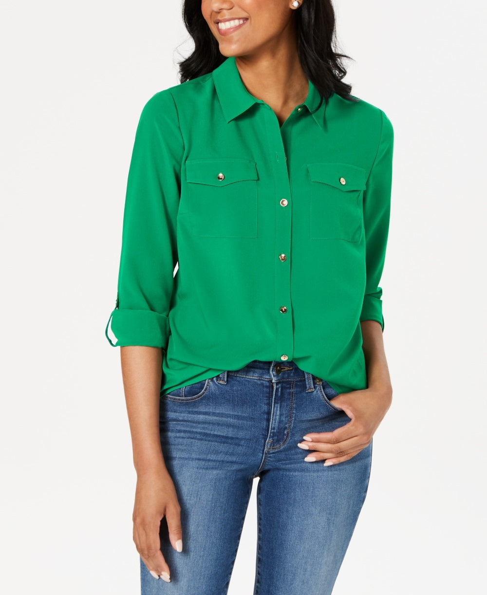 Charter Club Women's Solid Button Up Shirt Green Size PXL