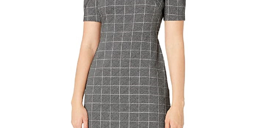 Ralph Lauren Women's Black Check Pouf Jewel Neck Above The Knee Sheath Wear To Work Dress Black Size 10