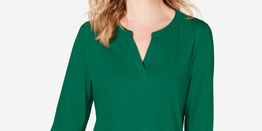 Charter Club Women's Cotton Split Neck Utility Top Green Size XX-Large