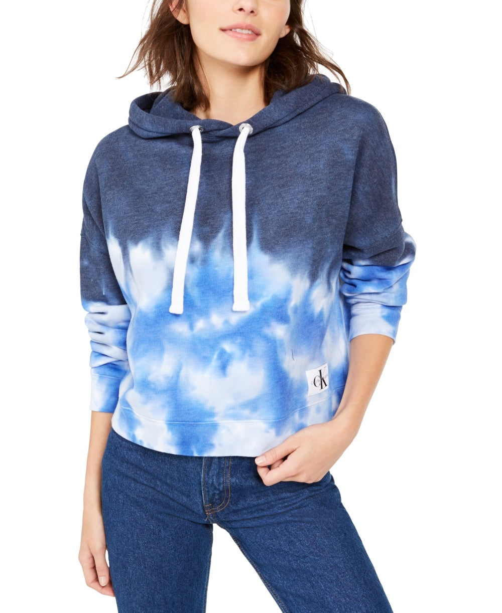 Calvin Klein Women's High Tide Tie-Dyed Cropped Hoodie Blue Size X-Small