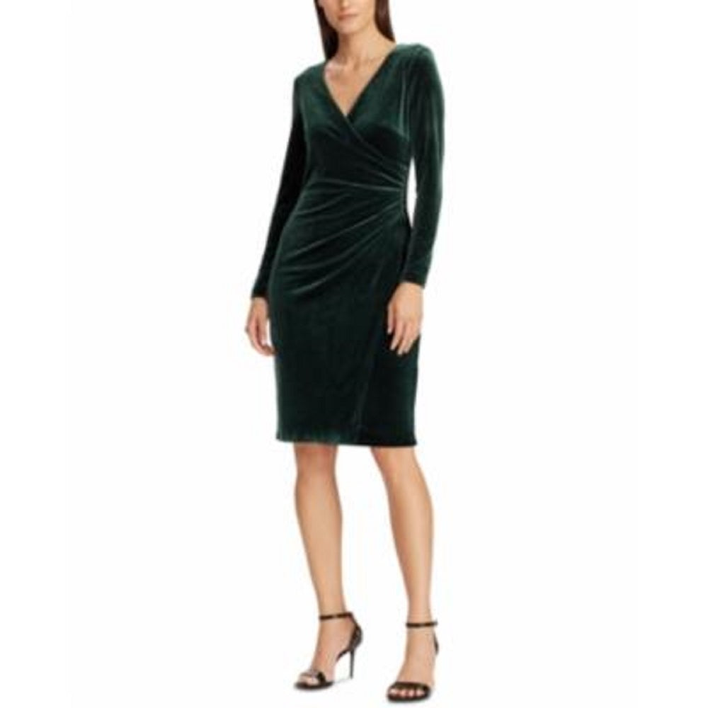 Ralph Lauren Women's Gathered Long Sleeve V Neck Above The Knee Body Con Party Dress Green Size 10 Petite