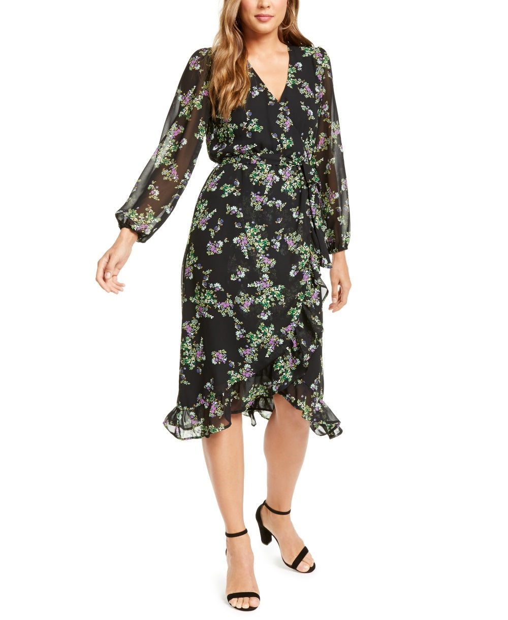 Q & A Women's Floral Print Midi Wrap Dress Purple Size Large