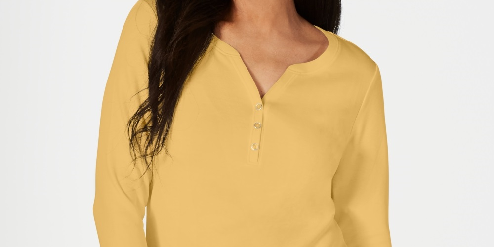 Karen Scott Women's Cotton Henley Top Yellow Size Large