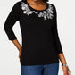 Karen Scott Women's Embroidered 3/4 Sleeve Top Black Size Petite Small