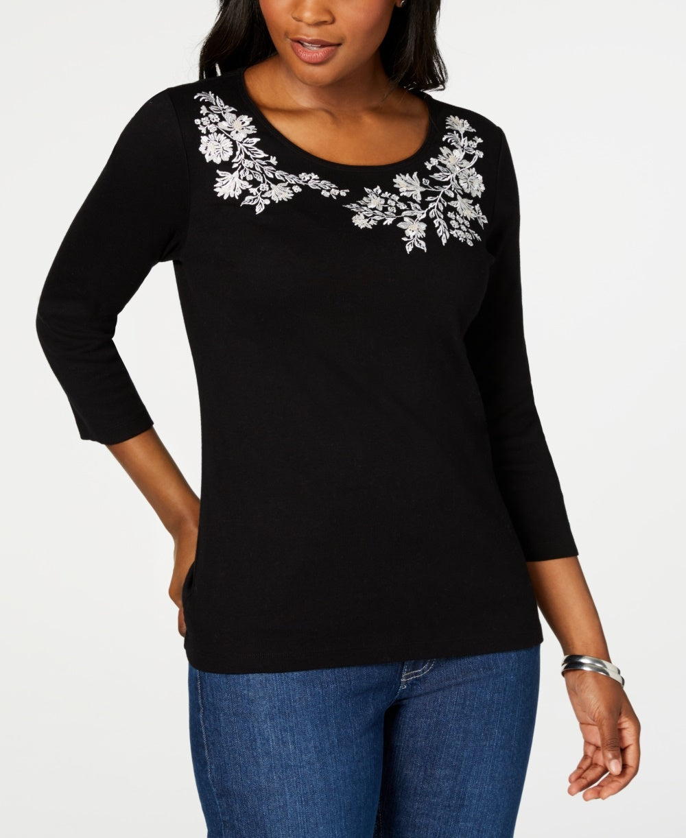 Karen Scott Women's Embroidered 3/4 Sleeve Top Black Size Petite Small