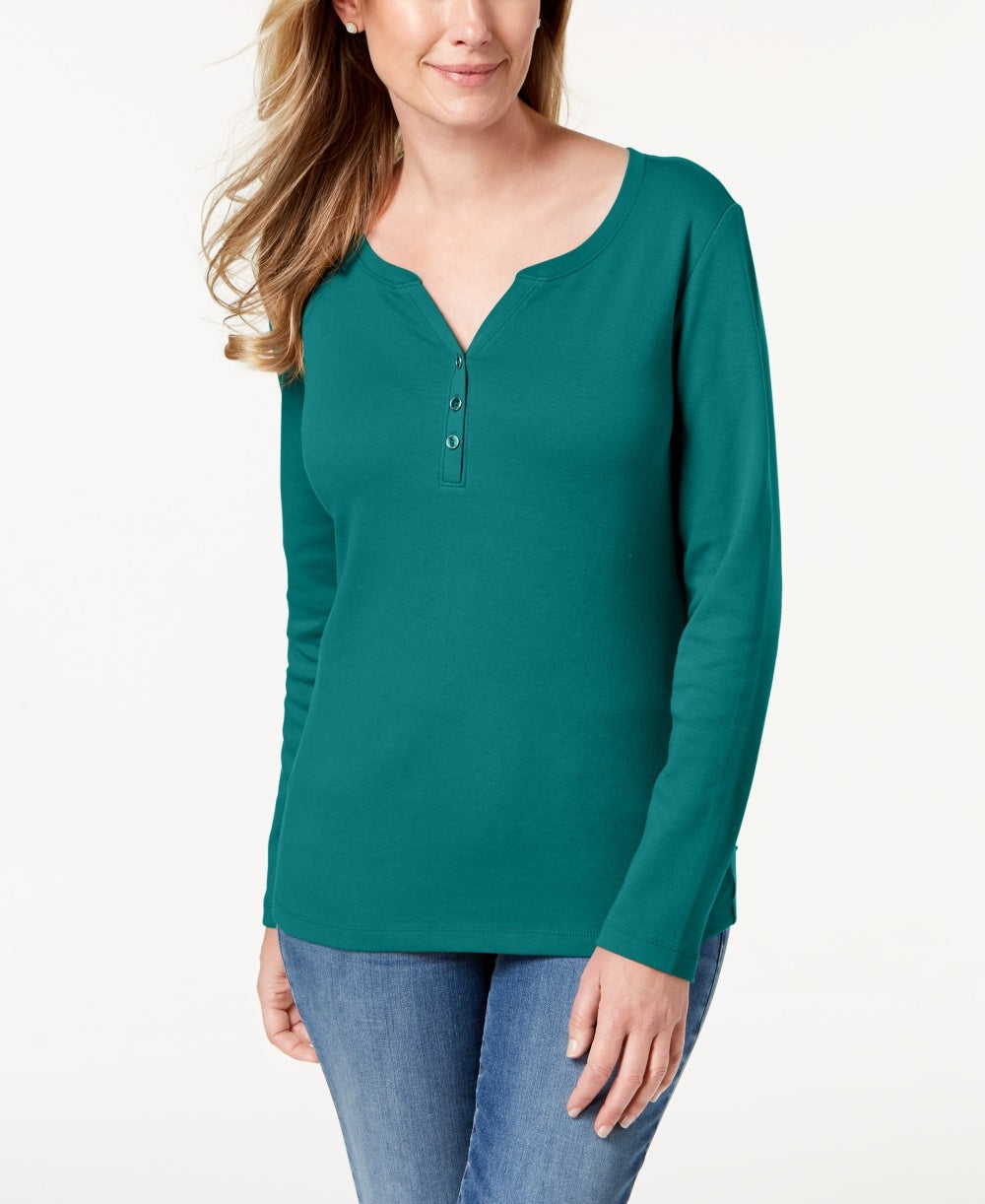 Karen Scott Women's Cotton Henley Top Blue Size Large