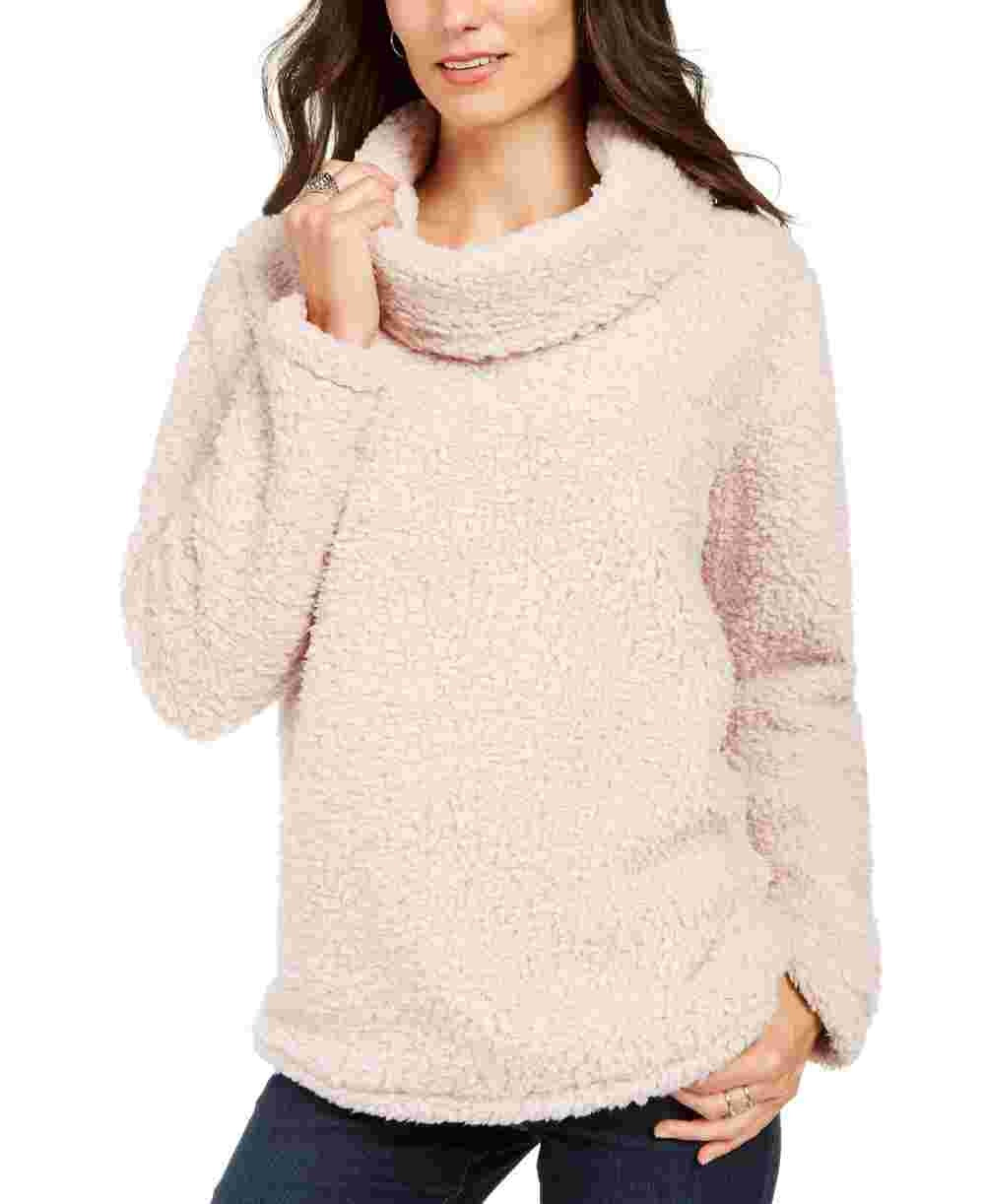 Style & Company Women's Pink Faux Fur Solid Long Sleeve Turtle Neck T-Shirt Sweater Pink-PXL