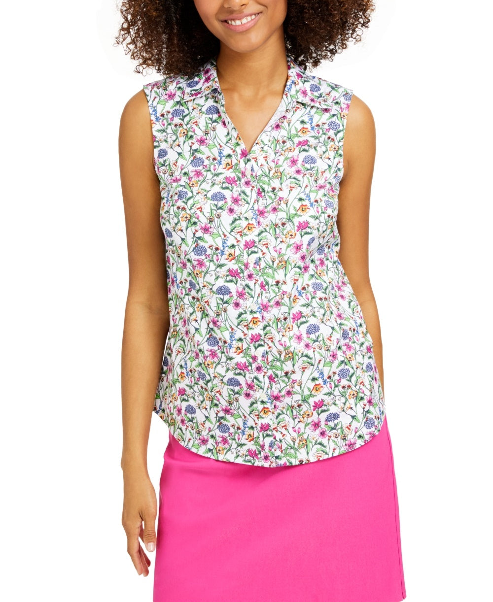 Charter Club Women's Floral-Print Sleeveless Shirt  White Size 12