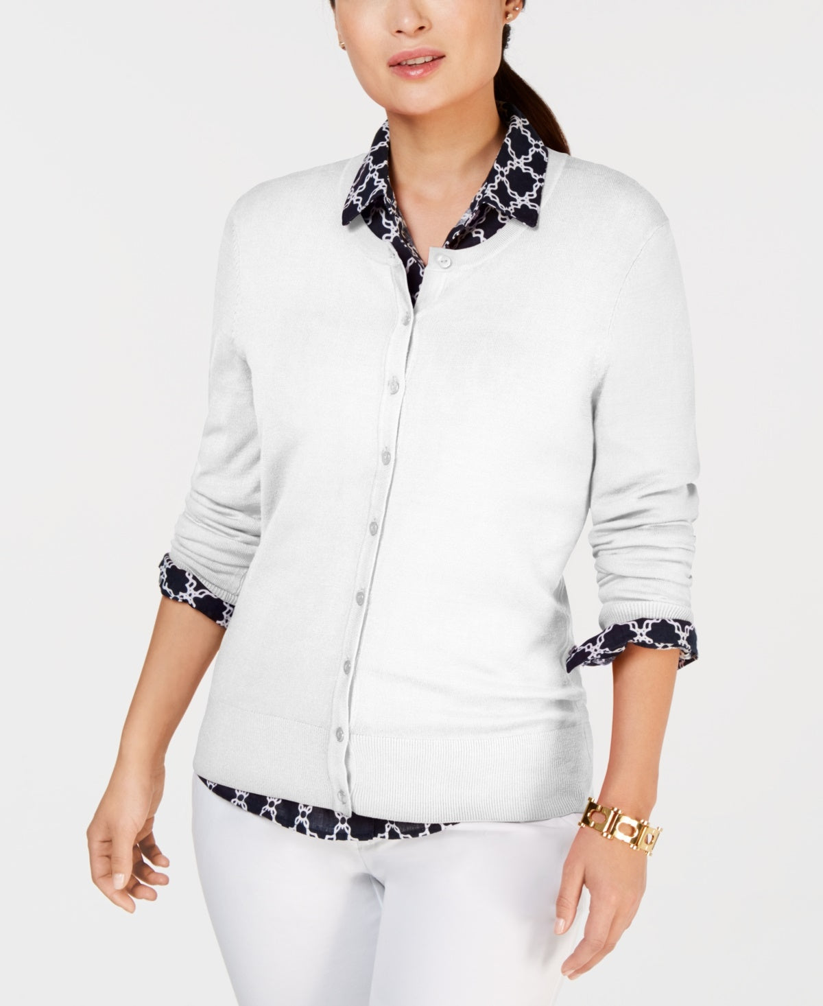 Charter Club Women's Petite Crewneck Cardigan White PL