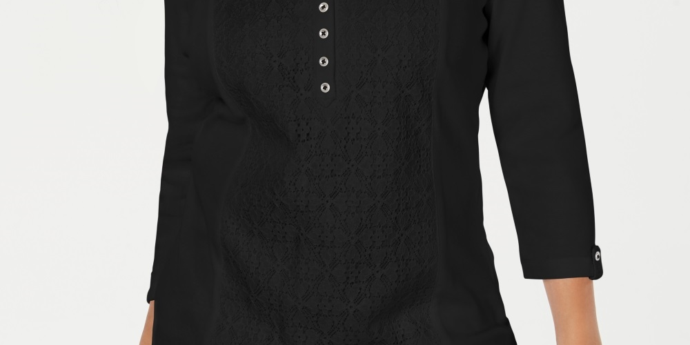 Karen Scott Women's Lace Front Henley Top Black Size X-Small