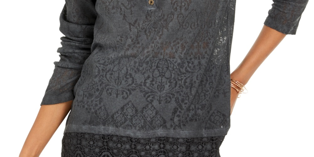 Style & Co Women's Lace Henley Top Black Size X-Small