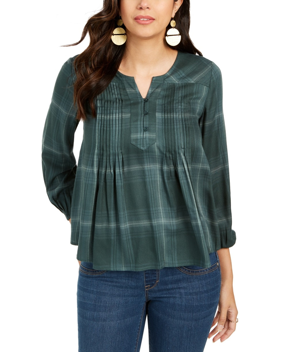 Style & Co Women's Plaid Split-Neck Top Green Size Medium