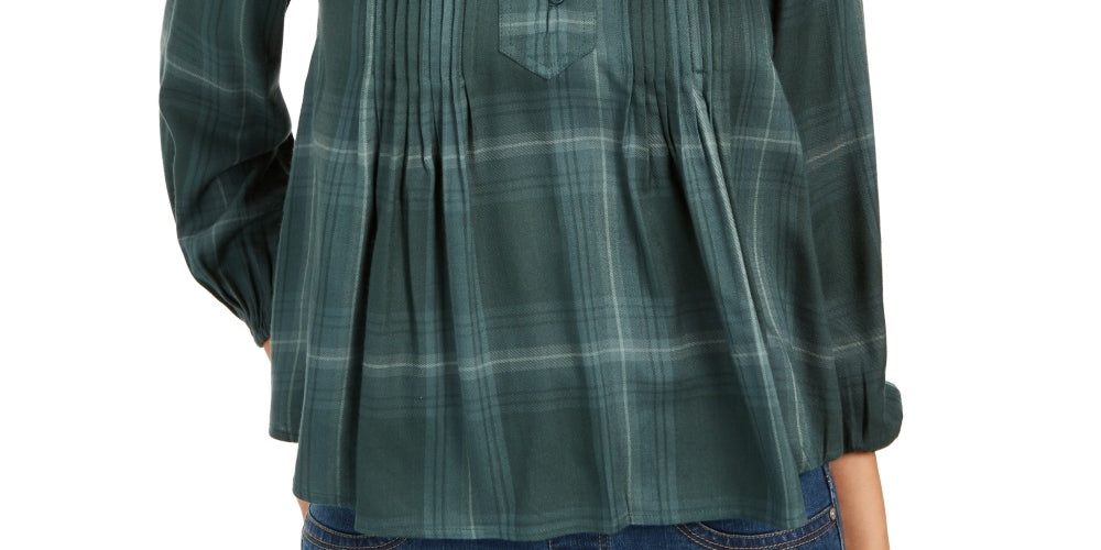Style & Co Women's Plaid Split-Neck Top Green Size Medium