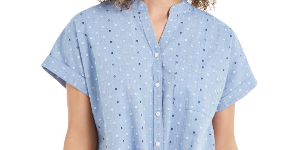 Charter Club Women's Cotton Embroidered Tie-Front Shirt Blue Size XX-Large