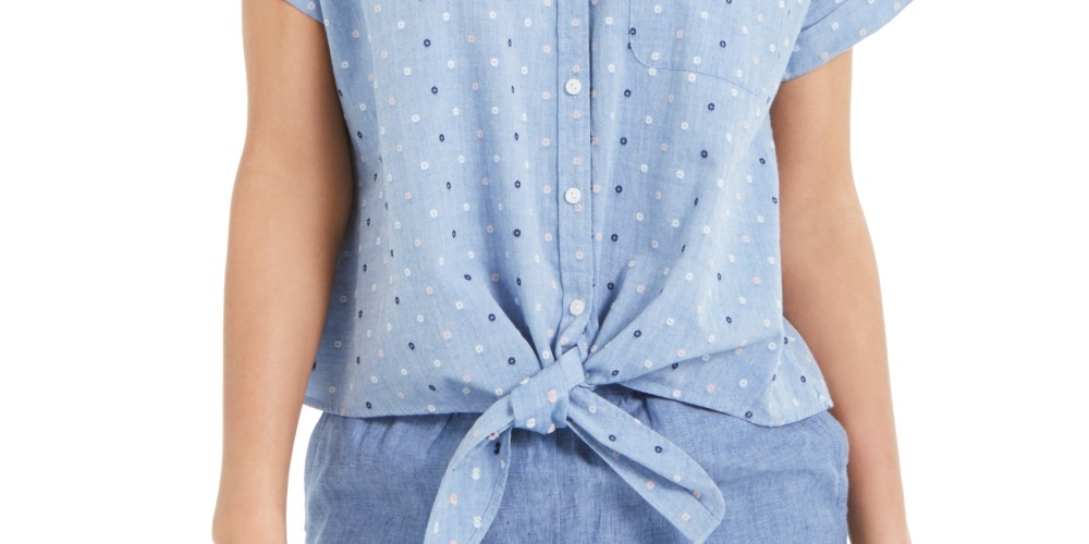 Charter Club Women's Cotton Embroidered Tie-Front Shirt Blue Size XX-Large