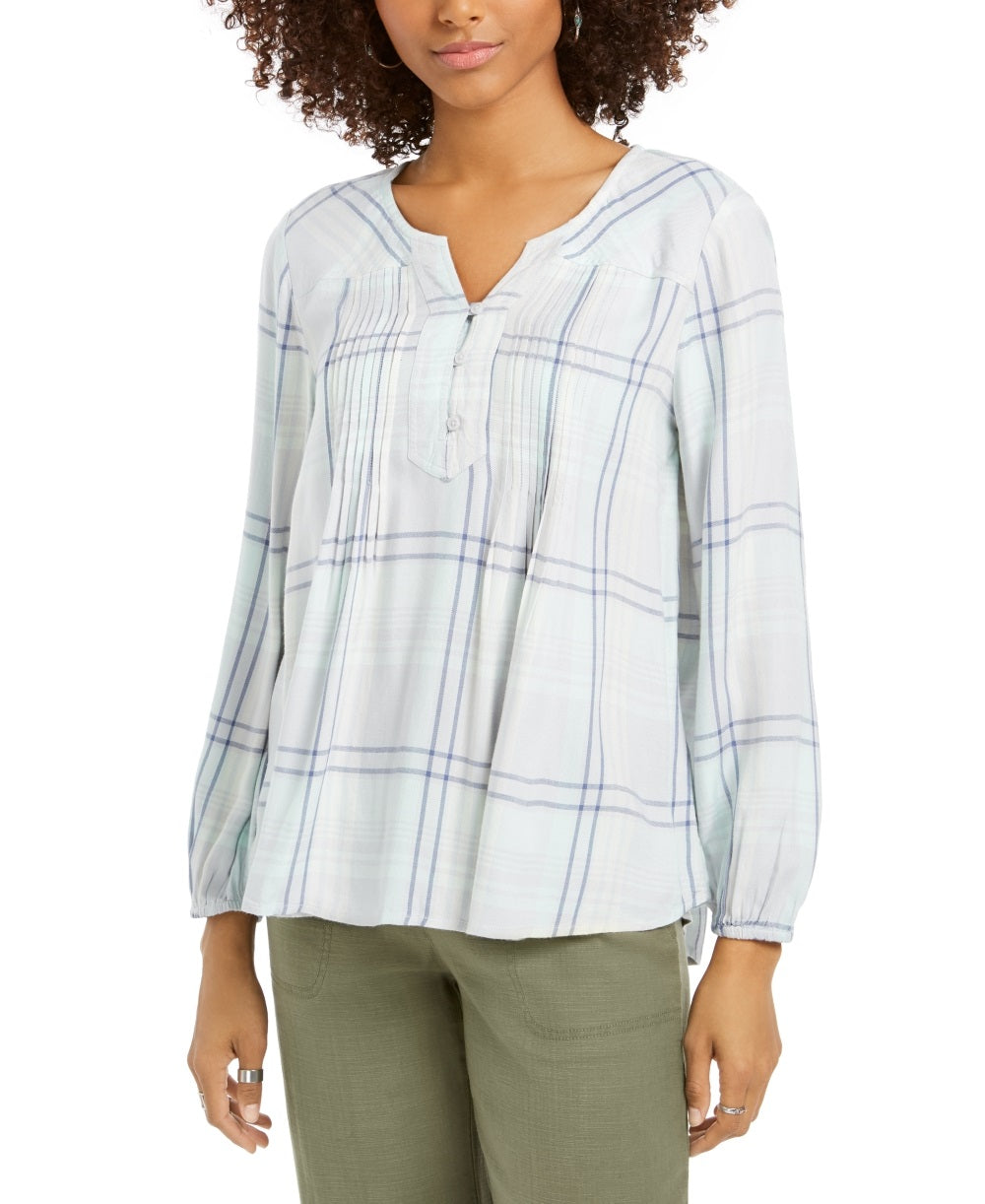 Style & Co Women's Plaid Split Neck Top Green Size Small
