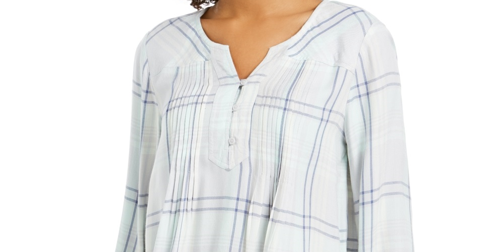 Style & Co Women's Plaid Split Neck Top Green Size Small